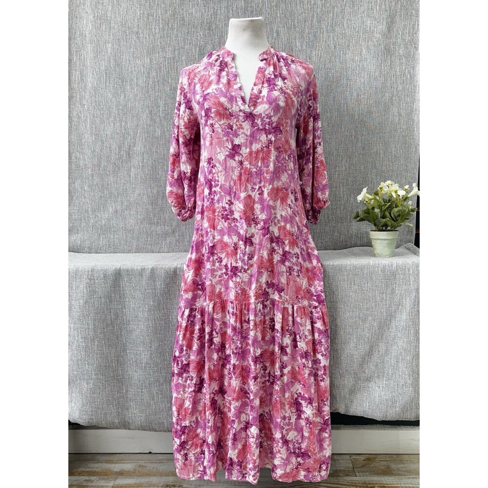 Lush Floral Maxi Dress Medium Pink Purple Boho Tiered Summer V-Neck maxi Rayon